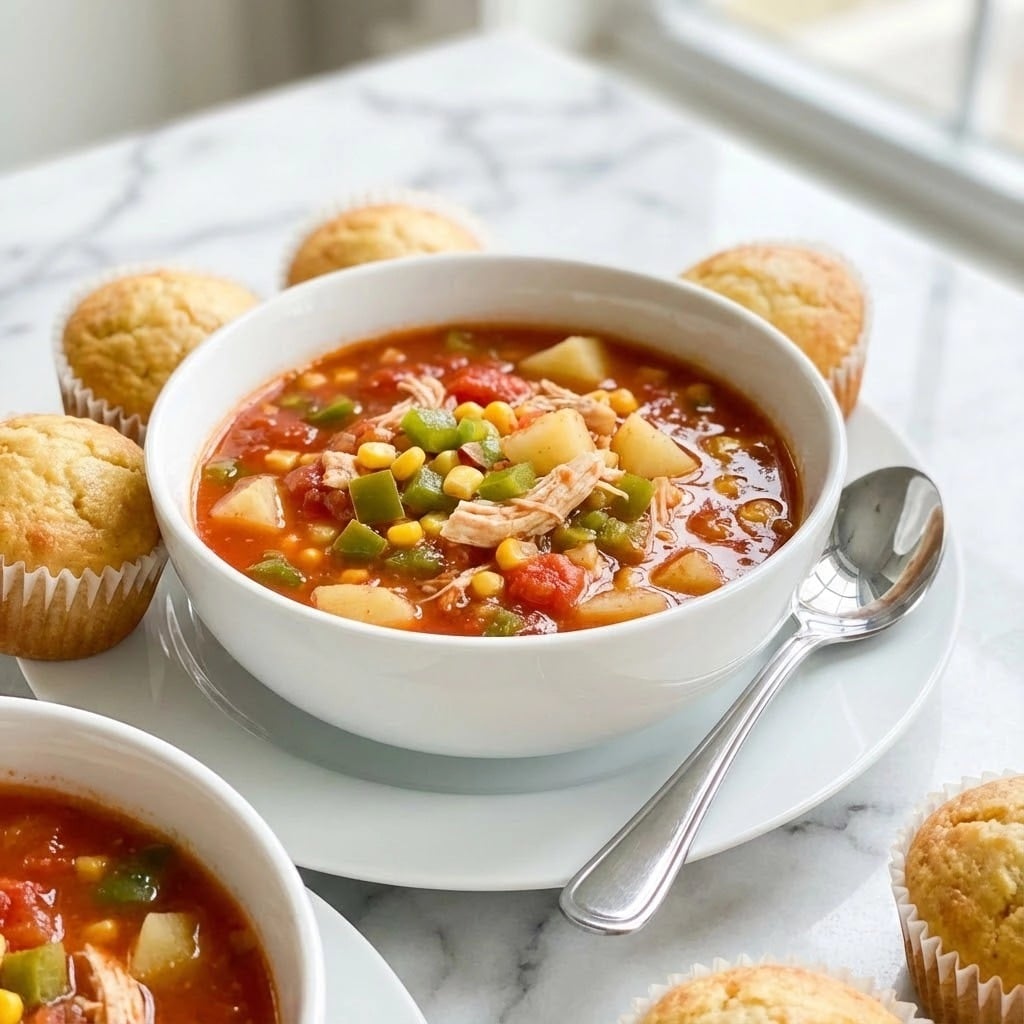 A white bowl filled with a tomato-based soup shows visible layers of ingredients, including small chunks of green bell peppers, corn kernels, potato pieces, and shredded chicken all mixed within a rich red broth. A silver spoon rests inside the bowl on the right side. The bowl sits on a white plate, placed on a white marbled surface. Around the bowl are muffin tops in white wrappers and another similar bowl partially visible at the bottom left. The overall setting is bright and clean. photo taken with an iphone --ar 4:5 --v 7