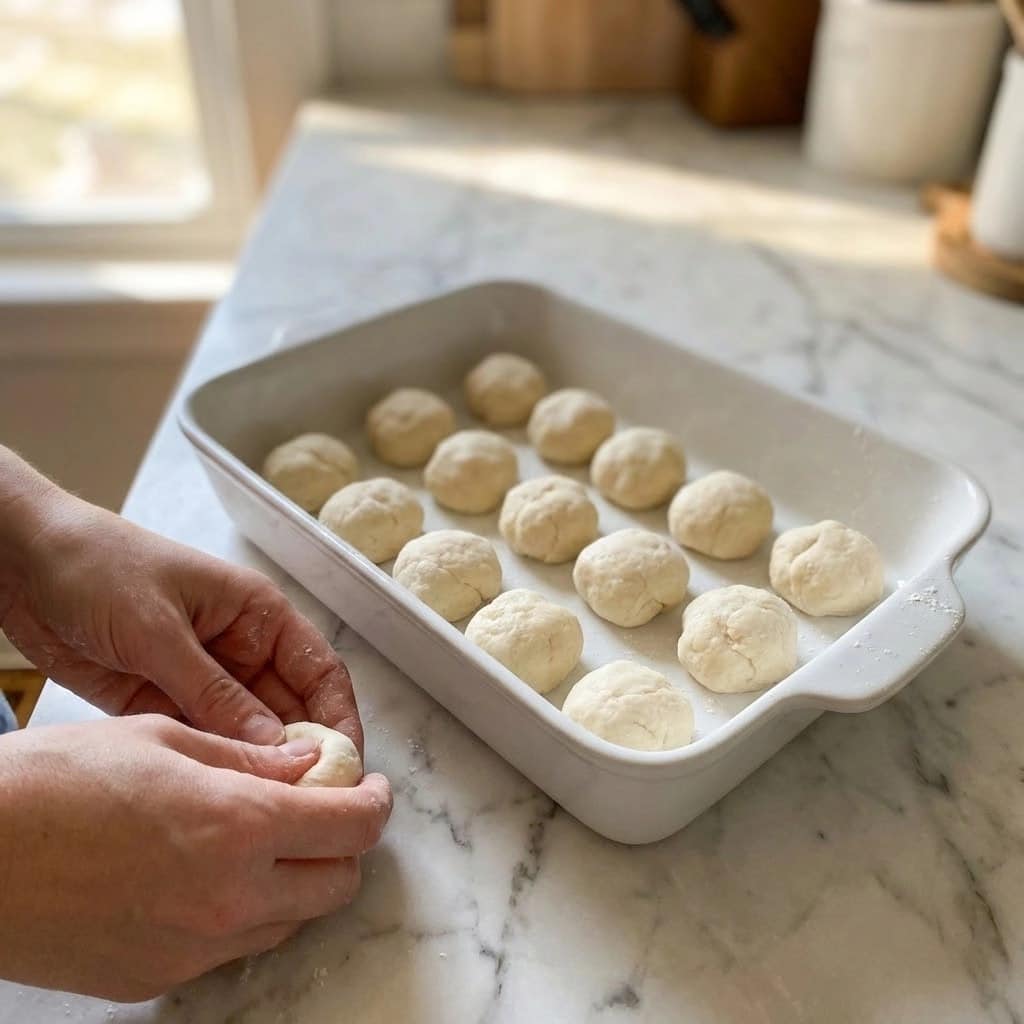 A white rectangular baking dish holds fourteen pieces of small, uneven dough balls arranged in three rows, with one piece being shaped by a pair of woman's hands in the lower left corner. The dough pieces are pale and smooth-textured, slightly rounded but irregular in shape, all set against a white marbled surface. The image focuses on the preparation of the dough before baking. photo taken with an iphone --ar 4:5 --v 7