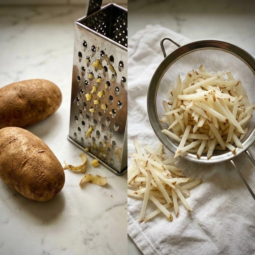 The image shows two parts: on the left, there are two brown potatoes with rough skin placed on a white marbled surface next to a metal grater with potato bits stuck to it; on the right, there is a metal strainer resting on white cloth, filled with white and slightly brown peeled potato shreds, with more shreds spilling out beside it on the cloth. photo taken with an iphone --ar 4:5 --v 7