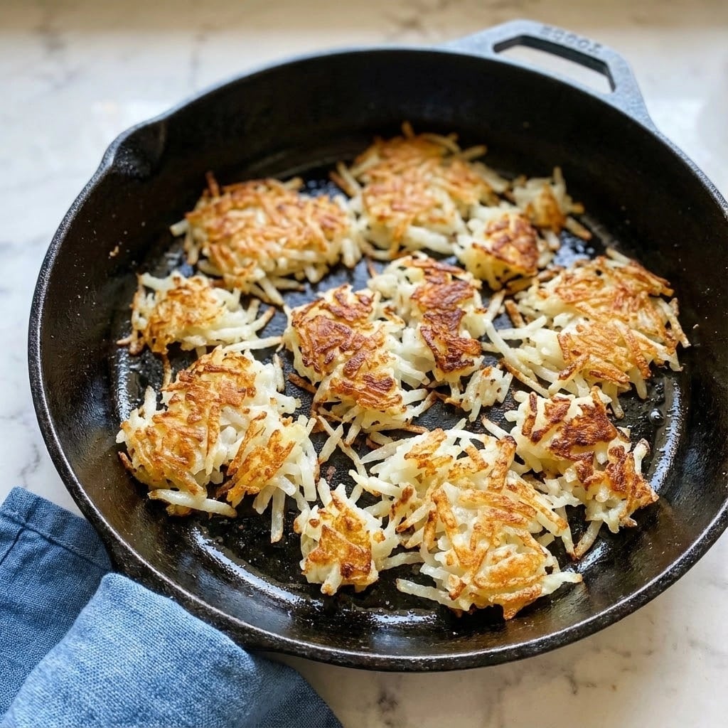 In a black cast iron pan on a white marbled surface, there is one layer of shredded potato cooked into uneven clusters with golden brown crispy edges and soft white insides. The shredded pieces vary in size and texture, giving a mix of crunchy and tender parts. The pan handle is visible at the top right, and a blue cloth is placed near the bottom left of the pan. The overall look is rustic and cooked in a homely style. photo taken with an iphone --ar 4:5 --v 7