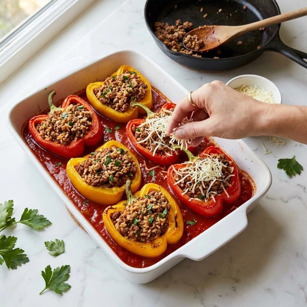 The image shows an overhead view of cooking ingredients arranged on a white marbled surface, including a large portion of raw ground meat on white parchment paper in a shallow dish, four whole bell peppers (two red, one orange, one yellow) placed separately, an onion at the bottom, and fresh parsley leaves in the lower-left corner. There is a clear glass bowl with red tomato sauce near the top left, next to a bottle of golden olive oil. A small white plate holds three spices: dried green herbs, crushed red chili flakes, and a pale powder. A small white bowl with salt, a metal measuring cup filled with shredded white cheese, another with grated light yellow cheese, and a third with cooked white rice are placed on the right side. The elements are neatly organized with natural light highlighting their colors. Photo taken with an iphone --ar 4:5 --v 7