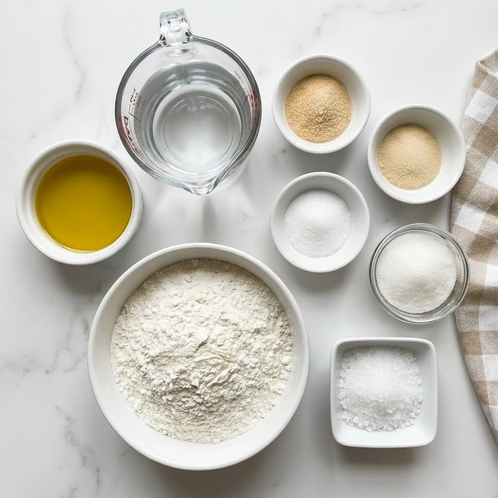 The image shows eight small bowls of different sizes placed on a white marbled surface. The largest bowl, centered at the bottom, is filled with white flour. Above it is a clear measuring cup with water, transparent and glossy. To the left of the flour is a white bowl with golden yellow olive oil, smooth and shiny. To the right of the water cup, two small round white bowls hold onion powder with a light brown color and garlic powder with a pale beige color. Below them, a small round white bowl holds white salt, and next to it, a small clear bowl with white sugar. At the bottom right corner, a small square white bowl contains flaky sea salt, visible with light texture. A folded beige and white checkered cloth is partially visible on the right side. All items are neatly arranged and clearly labeled with black text on white backgrounds photo taken with an iphone --ar 4:5 --v 7