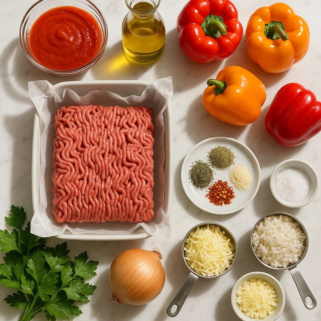 A white baking dish with hollowed red and yellow bell pepper halves placed inside, each filled with a brown minced meat mixture that includes visible bits of green herbs. The peppers sit on a layer of red tomato sauce covering the bottom of the dish. A woman's hand is sprinkling shredded white cheese evenly over the stuffed peppers. Nearby is a small white bowl with more shredded cheese and a dark pan with some leftover filling on a spoon, all set on a white marbled surface with a few fresh green parsley leaves scattered around. Photo taken with an iphone --ar 4:5 --v 7