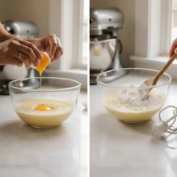 White Chocolate Peppermint Cookies Recipe 5 The image shows two parts of a baking process in clear glass bowls placed on a white marbled surface. In the first part, a woman's hand is cracking a bright yellow egg yolk into a glass bowl containing a creamy light yellow batter. The hand has a silver ring on the ring finger and the clear bowl reveals a metal mixer in the background. In the second part, a wooden spoon is being used to mix a thick, white, powdery substance, likely powdered sugar or flour, into the creamy batter in another clear glass bowl. The texture of the mixture looks soft and fluffy, and a white electric mixer beater is also visible, coated with the thick, white mixture photo taken with an iphone --ar 4:5 --v 7