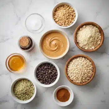 The image shows a top view of nine white bowls with different ingredients arranged on a white marbled surface. At the center is a bowl filled with creamy tan peanut butter. To its bottom right is a wooden bowl full of light beige rolled oats, and to the upper right is another wooden bowl with light beige almond flour. Above the almond flour, there is a white bowl with crushed light brown peanuts. Below the peanut butter bowl, a white bowl contains small dark brown chocolate chips. To the left of that, a bowl is filled with green hemp seeds. Above the hemp seeds, a small clear glass bowl holds white salt. To the left of the peanut butter bowl is a glass jar with dark brown liquid vanilla extract, and below it, another glass bowl contains honey with a light amber color. In the bottom center, a very small white bowl holds a reddish-brown powder of cinnamon. Photo taken with an iphone --ar 4:5 --v 7