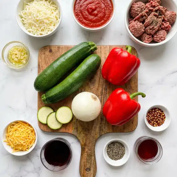 The image shows a white marbled surface with various ingredients arranged neatly. A wooden board in the center holds two whole green zucchinis, two red bell peppers, a whole onion, and three slices of zucchini. Around the board are small white bowls containing shredded white cheese, tomato sauce, ground meat, minced garlic in oil, shredded yellow cheese, pepper flakes, black pepper, and a small glass with red liquid. The colors are vibrant with reds, greens, whites, and yellows. photo taken with an iphone --ar 4:5 --v 7