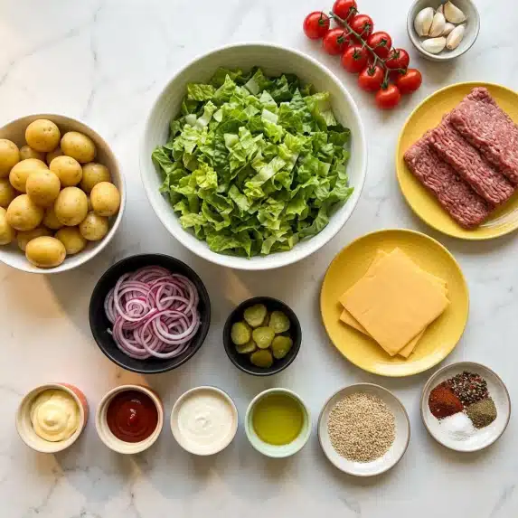 The image shows many ingredients arranged on a white marbled surface. There is a large white bowl filled with chopped green lettuce near the center. Next to it, a white bowl holds round yellow potatoes. Two yellow plates contain slices of raw ground meat and slices of yellow cheese. A black bowl has sliced red onions, and a small black bowl has pickle slices. Small bowls hold condiments like light yellow mayonnaise, dark red ketchup, white cream, and light green oil. There is also a small plate of sesame seeds, a bunch of red cherry tomatoes on the vine, and a small bowl with garlic cloves. A small round dish contains a mix of spices in red, black, and white. Everything is spaced neatly under bright natural light. Photo taken with an iphone --ar 4:5 --v 7