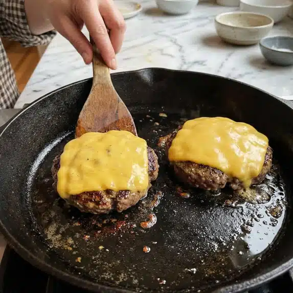 The image shows two round patties cooking in a dark skillet with bubbling edges. Both patties are covered with melted yellow cheese that looks smooth and soft. A woman's hand is holding a wooden spatula, lifting the smaller patty from the skillet. The skillet surface has small spots of oil and bubbling around the patties. The background is a white marbled texture. photo taken with an iphone --ar 4:5 --v 7