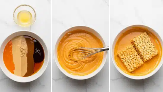 The image shows a three-step process of making a sauce and mixing it with noodles. In the first step, there is a small clear glass bowl with a pale yellow liquid and below it a white bowl containing four different liquids layered side by side: an orange, a thick beige, a dark brown, and a light amber shade. In the second step, the white bowl shows a smooth orange sauce being mixed with a metal whisk. In the third step, the white bowl is filled with curly noodles fully coated in the creamy orange sauce, with some extra sauce visible on the sides of the bowl. The setting features a white marbled surface. Photo taken with an iphone --ar 4:5 --v 7