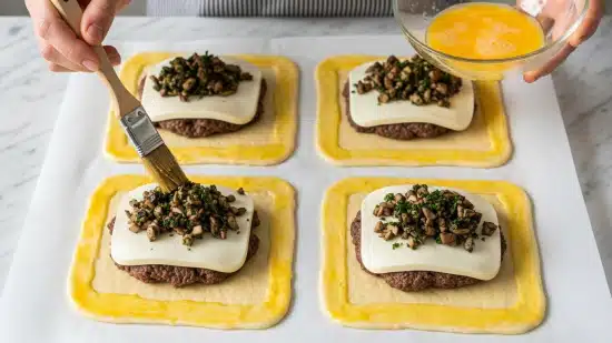 The image shows four squares of light yellow dough laid out on parchment paper over a white marbled surface, each square with a border brushed with egg wash. On each square, there is a dark brown piece of meat topped with a thick white layer of cheese, and a small pile of finely chopped cooked mushrooms with herbs on top. A woman's left hand is holding a bowl with beaten eggs while her right hand is using a brush to apply egg wash around the dough edges. The scene captures a cooking preparation step with clear textures and soft natural light. photo taken with an iphone --ar 4:5 --v 7