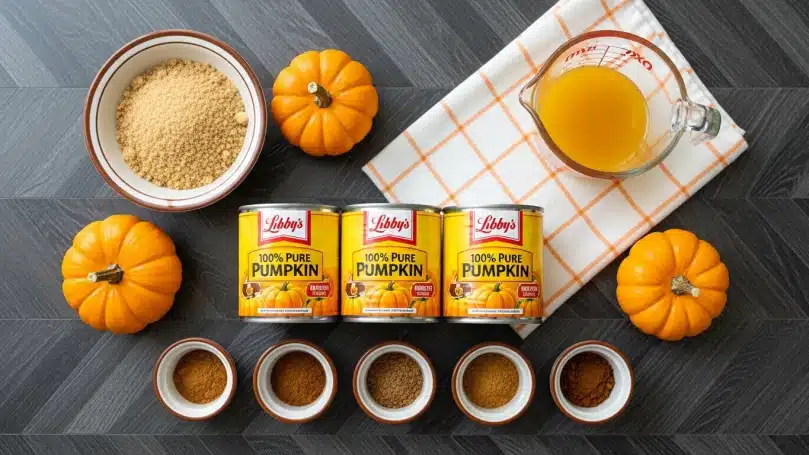 Creamy Pumpkin Butter Recipe 4 A top-down view of baking ingredients arranged on a dark wooden herringbone surface, featuring three yellow cans of Libby's 100% pure pumpkin in the center, a clear glass measuring cup with golden liquid on a white cloth with an orange grid pattern to the upper right, and five small white bowls with brown rims holding various spices lined up below the cans. To the left are two small decorative pumpkins and a white bowl with brown rim filled with light brown sugar. To the right is another small decorative pumpkin. The colors range from orange and yellow tones of the pumpkins and pumpkin cans to the warm brown of the spices and sugar. photo taken with an iphone --ar 4:5 --v 7