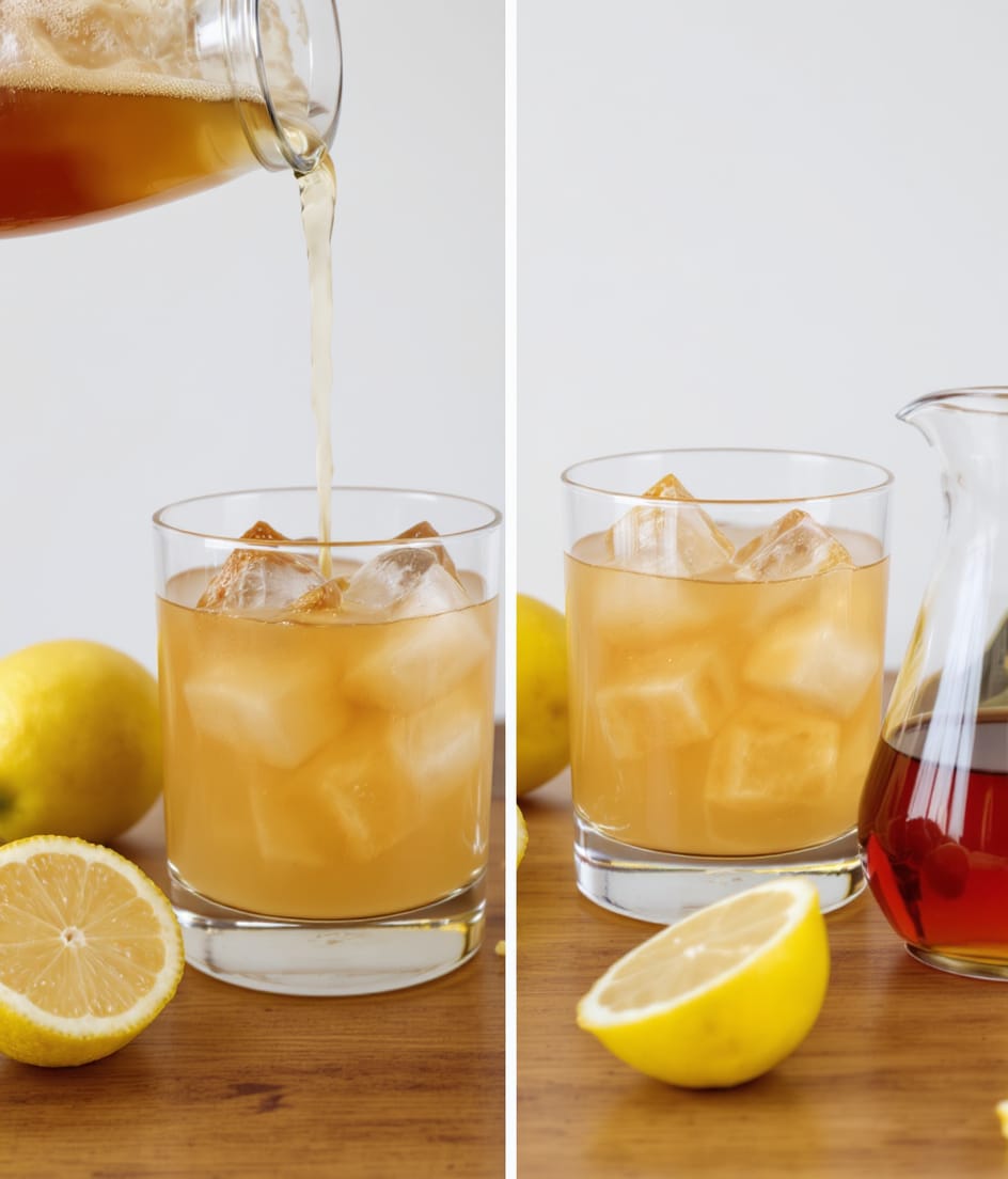 The image shows two clear glasses with large square ice cubes inside, filled partway with a light brown frothy drink. One part shows the drink being poured from a shaker into one of the glasses. The other part shows both glasses sitting on a wooden surface, alongside a halved lemon with a pale yellow interior and a small glass pitcher with dark liquid. The whole scene is bright and warm, with smooth textures on the glass and ice, and the wooden surface adds a natural look. photo taken with an iphone --ar 4:5 --v 7