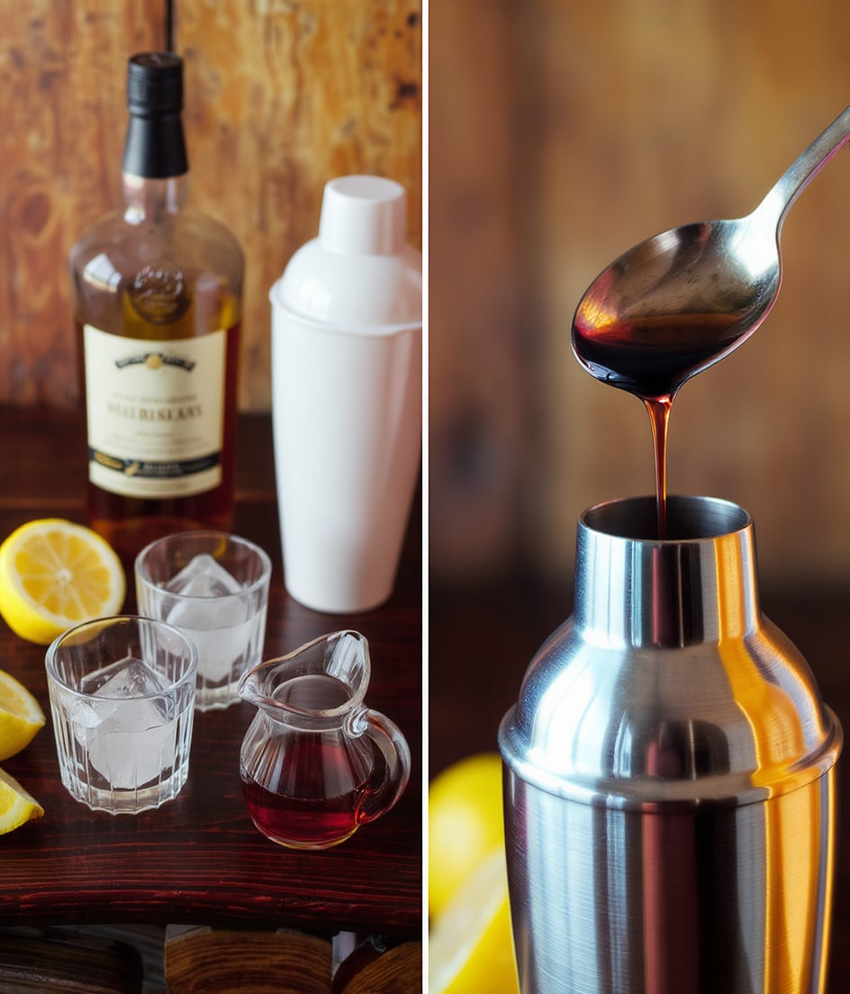 The image shows two parts: the left side has a wooden table with a bottle of whiskey, a white cocktail shaker, two clear glasses each holding a large square ice cube, half a lemon, and a small clear pitcher filled with dark syrup placed in front of the glasses. On the right side, a close-up of dark syrup is pouring from a metal spoon into the top of the metallic shaker below. The background is softly blurred with warm tones. photo taken with an iphone --ar 4:5 --v 7
