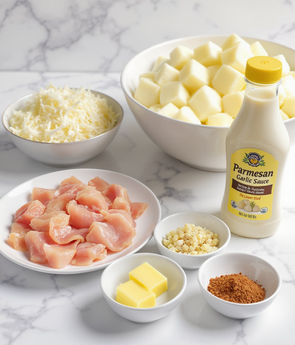 The image shows ingredients arranged on a white marbled surface. In the center front, there is a white plate filled with small, pink pieces of raw chicken. Behind it, slightly to the left, is another white plate with a mound of shredded white cheese that looks soft and stringy. To the right, there is a large white bowl filled with cubed white potatoes. In front of the potatoes, three small white bowls are placed close together: one holding two square pieces of pale yellow butter, another filled with finely chopped garlic, and the last containing a mix of red and black spices. On the far right, a bottle of creamy beige parmesan garlic sauce with a yellow cap and label sits on the white marbled surface. Photo taken with an iphone --ar 4:5 --v 7