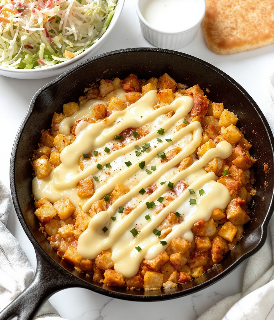 A black cast iron skillet filled with a layer of golden brown diced potatoes mixed with small pieces of cooked chicken, all covered with a layer of melted white cheese that is slightly stringy and creamy in texture. On top, there are uneven drizzles of a beige creamy sauce with visible herbs and spices scattered on the surface. In the background, there is a white bowl filled with a layered salad featuring shredded pale green lettuce and white creamy dressing mixed with bits of red, all set on a white marbled surface. photo taken with an iphone --ar 4:5 --v 7
