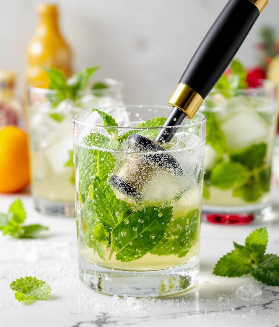 A clear glass holds several green mint leaves at the bottom, lightly crushed with a black and gold muddler pressing down on them. Tiny droplets of water cover the inside of the glass, creating a fresh and cool look. Three similar glasses are placed on a white marbled surface, each containing mint leaves. In the blurred background, there are hints of bright colors like orange and red, suggesting fresh fruits. The whole scene feels fresh and ready for a refreshing drink. photo taken with an iphone --ar 4:5 --v 7