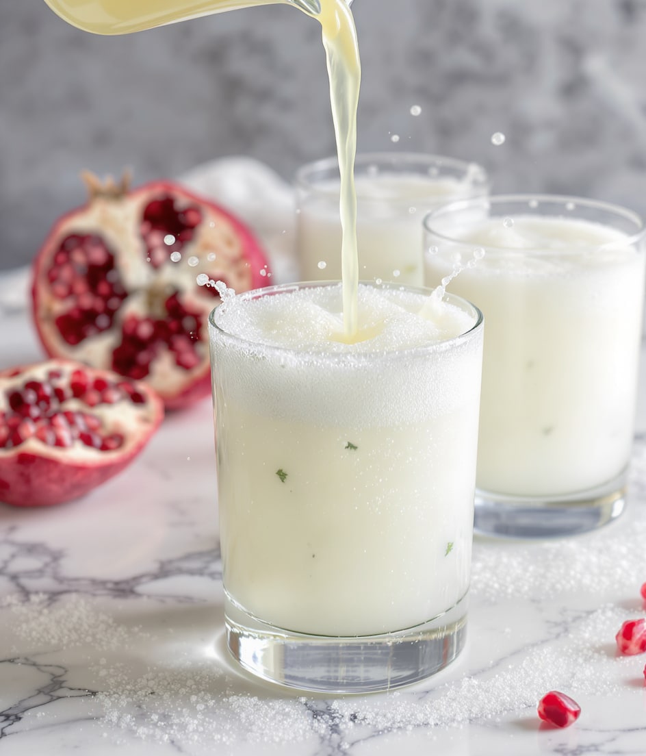 Three clear short glasses sit on a white marbled surface, each filled with a white frothy drink that has a light foam top layer. The front glass shows a liquid being poured into it, creating bubbles and splashes with a slightly translucent texture. Inside the drinks, there are small green herb leaves visible near the bottom layer, which has a thicker white icy texture. In the background, parts of two pomegranate halves are blurred, adding a splash of red color. Photo taken with an iphone --ar 4:5 --v 7