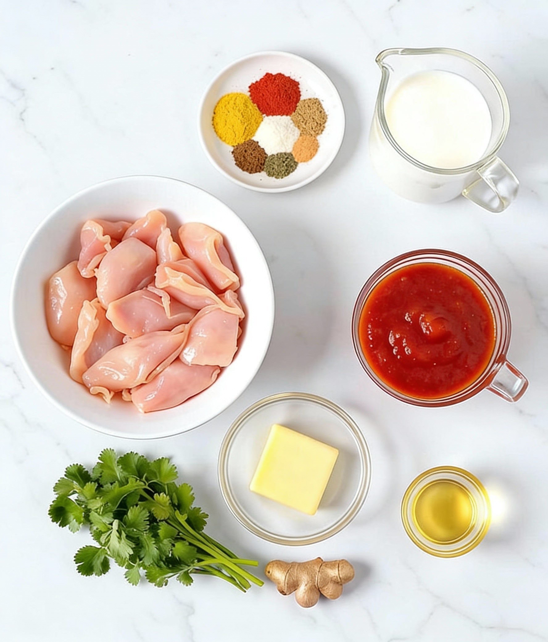 The image shows multiple white dishes and clear glass containers arranged on a white marbled surface. On the left, there is a white bowl filled with light pink raw chicken pieces. Above it is a small white plate with a mix of colorful spices arranged in a circle, showing yellow, red, brown, and white powders. To the right of the spices, a clear glass pitcher holds thick white heavy cream, and below it, another glass pitcher is filled with a rich red tomato sauce. A small glass bowl near the bottom center contains a yellow square of butter, with a ginger root and a cluster of garlic cloves placed nearby. A bunch of fresh green cilantro is on the bottom left, and a tiny clear glass container of oil is to the right of the butter. The labeled items are neat and clearly visible, set against the clean white marbled background photo taken with an iphone --ar 4:5 --v 7