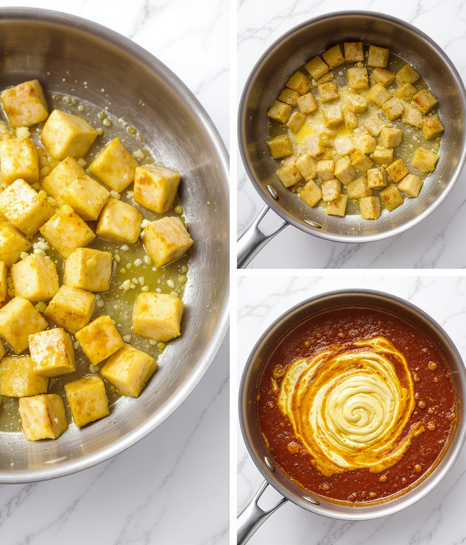 The image shows three close-ups of cooking pieces of chicken in a silver pan on a white marbled surface. The top right shows small cooked chicken cubes turning golden, surrounded by melted butter and chopped garlic in the pan. The bottom right image shows the pan with a rich red sauce topped with a swirl of creamy white sauce, mixed together but still distinct. The left image is a zoomed-in view of the golden chicken pieces sizzling in butter, highlighting their browned, slightly crispy edges on the white marbled surface. photo taken with an iphone --ar 4:5 --v 7