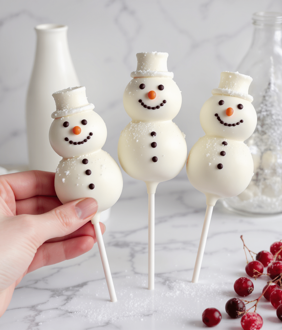 The image shows three white snowman-shaped cake pops standing upright on a white marbled surface. Each snowman has two round layers: a smaller top layer for the head and a larger bottom layer for the body. The body is smooth and white with a light dusting of powdered sugar or white texture, giving them a frosty look. The eyes and buttons are made of small dark chocolate or candy dots, with a tiny orange line for the mouth. In the background, a tall white bottle and part of a frosted clear glass ornament are visible. Red berries with a frosty coating lie scattered near the snowmen, adding color to the scene. A woman's hand is gently holding one snowman on the left side of the image. Photo taken with an iphone --ar 4:5 --v 7