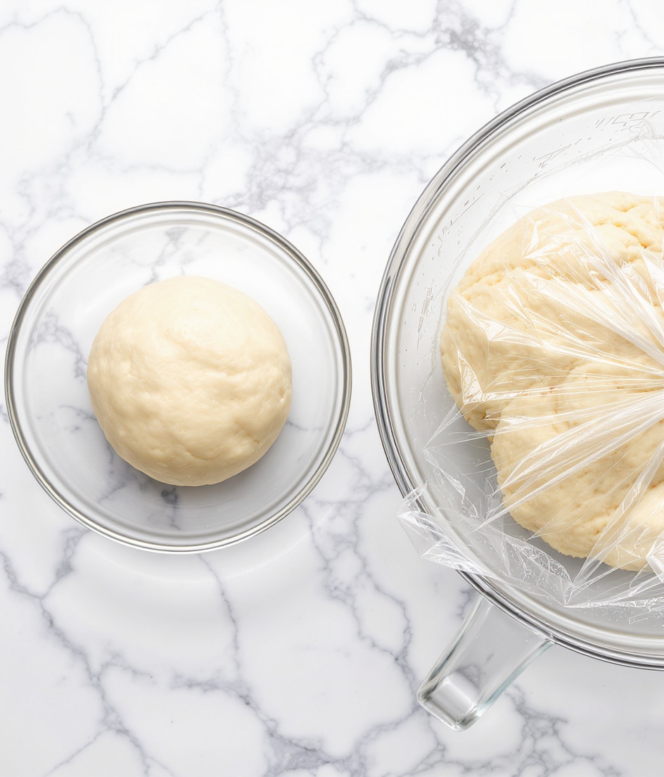 A clear glass bowl sits on a white marbled surface, holding a single ball of dough that is light beige with a smooth but slightly uneven texture. Next to it, a clear glass mixing bowl with a handle contains the dough covered loosely with clear plastic wrap, showing the dough inside as a light beige, fluffy, and risen mass resting on a white marbled surface. photo taken with an iphone --ar 4:5 --v 7