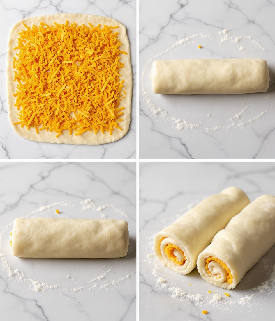 The image shows four steps for making a dough roll filled with shredded orange cheese. In the first step, a rectangular white dough lies flat on a white marbled surface, covered evenly with a thick layer of shredded orange cheese. The second step shows the dough rolled up into a tight, smooth white log with the cheese hidden inside, placed horizontally on the same surface. The third step presents the log cut lengthwise in half, revealing two connected layers of dough and orange cheese arranged side by side. In the final step, the two halves are twisted together, showing the textured orange cheese layers inside the white dough twists. Photo taken with an iphone --ar 4:5 --v 7