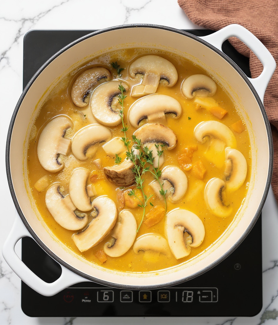 A white large round pot filled with a golden yellow liquid with visible bubbles on the surface, layered with mushroom slices and a few sprigs of fresh thyme placed on top in the center. The mushrooms appear light brown and soft, floating under the creamy broth. The pot is on a black induction cooktop with visible control buttons showing