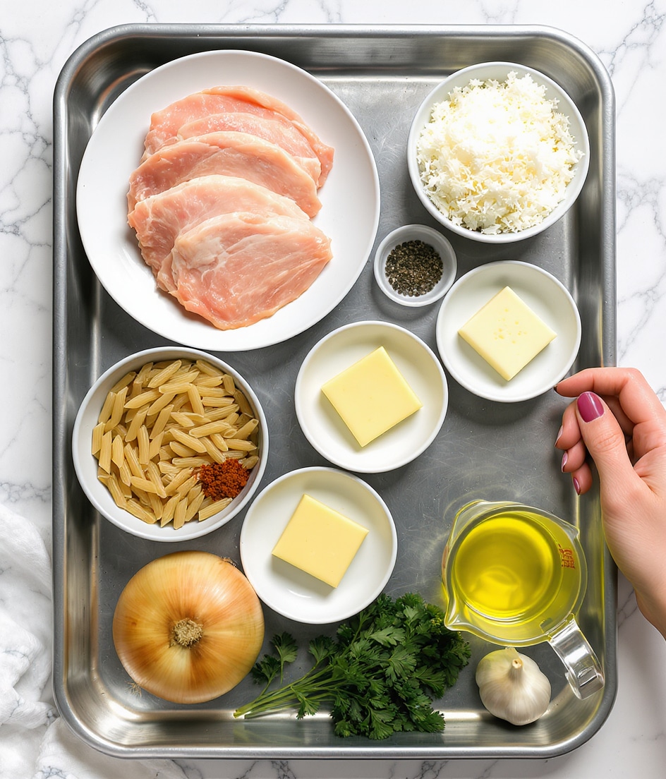 The image shows a metal tray on a white marbled surface holding various cooking ingredients arranged neatly. On a white plate, there are three large light pink raw turkey slices. Next to it, a small white bowl holds dried penne pasta, and another white bowl contains a mound of white grated cheese. Near the center, a small dish with three compartments contains salt, black pepper, and red spice. A separate small white plate has a square piece of yellow butter, and near it is a small amount of clear light olive oil in a white cup. A clear measuring cup filled with bright yellow broth is also present, along with a small bunch of fresh green parsley on the tray. At the bottom, there is a light brown onion and two pieces of white garlic, all on the white marbled surface. A woman's hand is holding the tray from the right side. photo taken with an iphone --ar 4:5 --v 7