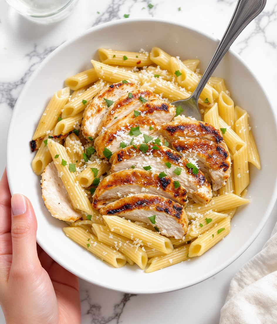 A close-up view of a white bowl filled with creamy penne pasta mixed with grilled chicken slices. The pasta is coated in a light cream sauce, with specks of herbs and grated cheese sprinkled on top. The grilled chicken pieces are golden brown with slightly charred edges, scattered evenly among the pasta. Green herbs are sprinkled throughout, adding a fresh touch. The bowl is placed on a white marbled surface, and a woman's hand is holding the bowl slightly from the side. Photo taken with an iphone --ar 4:5 --v 7