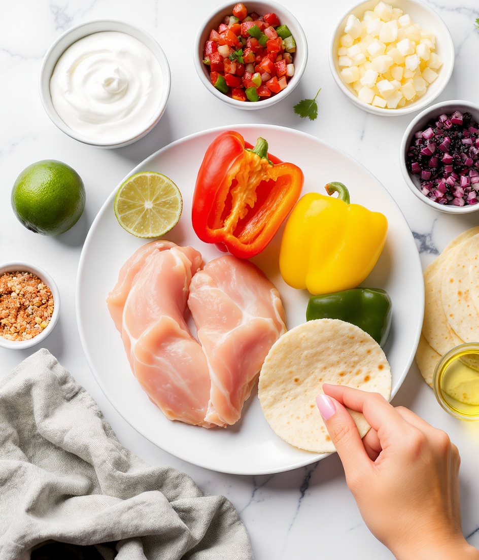 The image shows a white plate with two raw chicken breasts that are pale pink and smooth, placed beside three whole bell peppers in red, yellow, and green colors. Around the plate are small bowls and whole items arranged on a white marbled surface: a bowl of white sour cream, a halved green lime, a bowl with red, black, and white fajita seasoning, a bowl of chunky red and green pico de gallo, a whole dark green avocado, a small bowl of golden olive oil, a pile of white chopped onion, and a stack of beige tortillas. A woman's hand is gently touching one tortilla. The background is a clean, white marbled texture. photo taken with an iphone --ar 4:5 --v 7