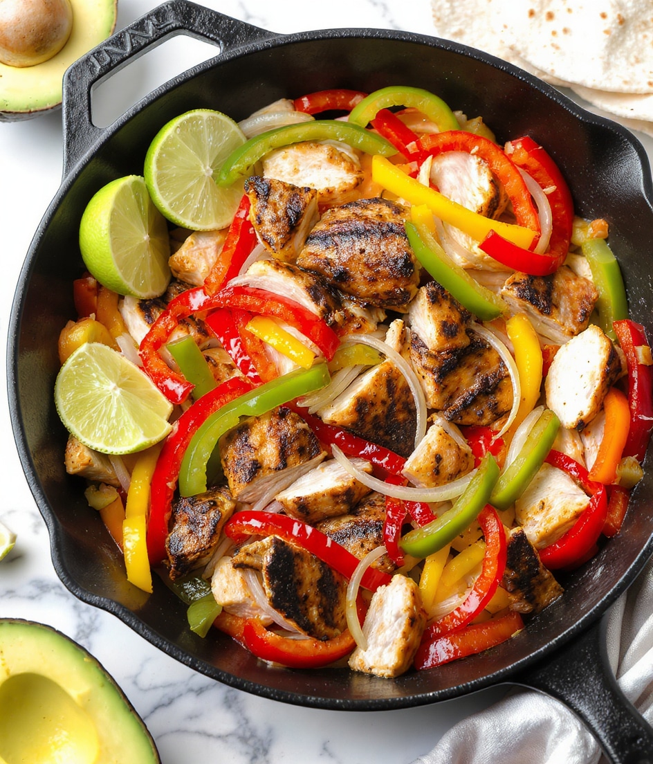 A black skillet filled with sliced grilled chicken pieces and colorful strips of red, green, and yellow bell peppers, along with cooked onion slices, all mixed together. Two lime wedges rest on the left side inside the skillet. Around the skillet, there are slices of avocado and white tortillas partially visible on a white marbled surface. The bright colors of the peppers and the light brown chicken create a vibrant, fresh look. photo taken with an iphone --ar 4:5 --v 7