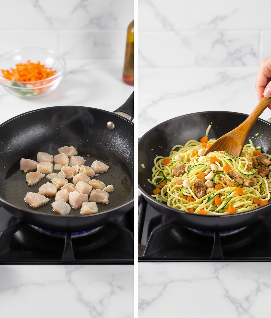 The image shows two side-by-side photos. On the left, a black pan is on a stove with small pieces of raw pale pink chicken in the center, surrounded by a clear thin layer of oil. A blurred glass bowl with chopped vegetables in the background is visible on a white marbled surface. On the right, the same black pan on the stove now holds cooked spiralized zucchini noodles mixed with small pieces of browned chicken, orange carrot bits, and white cashews. A wooden spoon held by a woman's hand is stirring the colorful mix. The blurred background still shows the glass bowl and a bottle on the white marbled surface. Photo taken with an iphone --ar 4:5 --v 7
