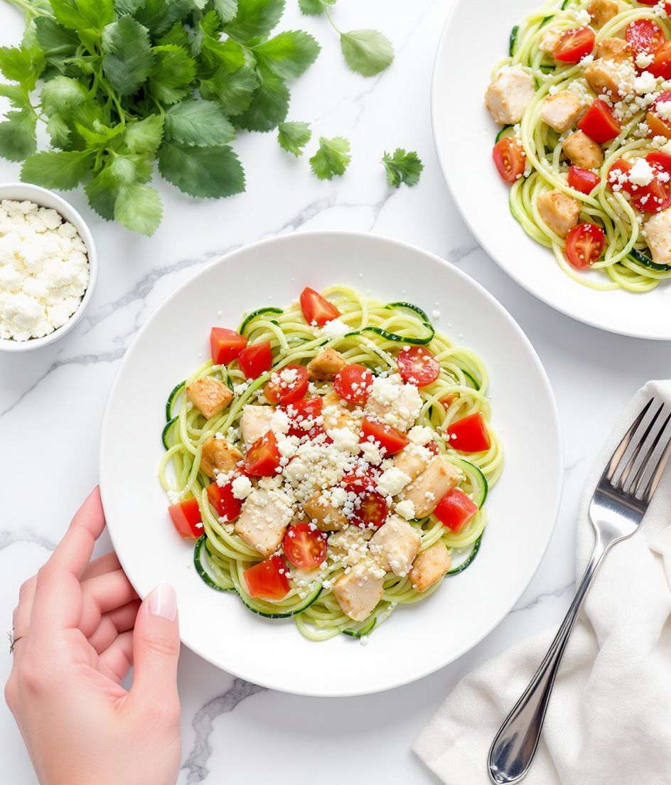 The image shows two white plates on a white marbled surface, each with a serving of zucchini noodles mixed with small pieces of cooked chicken, diced tomatoes, and sprinkled with crumbled white cheese. The zucchini noodles are thin and light green, with a slight shine from cooking, and the chicken pieces are light brown and tender-looking. The crumbled cheese is bright white and scattered on top, adding texture. One plate has a silver fork beside it, and nearby there is a small white bowl filled with more white cheese. A bunch of fresh green herbs lies casually on the surface to the left. A woman's hand is near the top left corner of the image, about to reach for the food. The overall setting is bright with soft natural light, making the colors fresh and appetizing. photo taken with an iphone --ar 4:5 --v 7