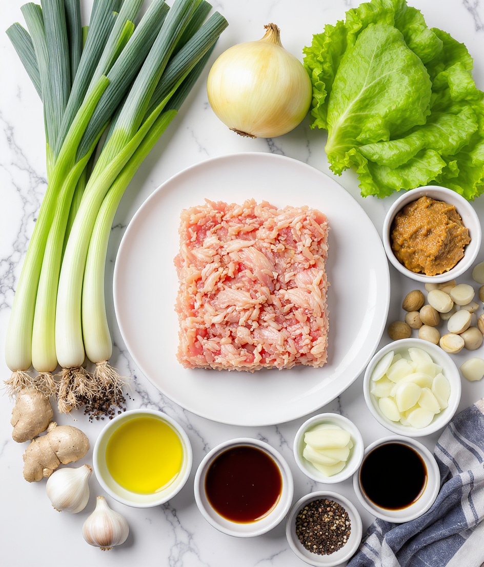 The image shows ingredients for a recipe spread neatly on a white marbled surface. At the center, there is a white plate with a rectangle pile of pale pink ground chicken. Around it, there are fresh whole green onions with long green stalks, a bulb of yellow onion with smooth skin, slices of white water chestnuts in a small white bowl, and large crisp green butter lettuce leaves. Other items include a small bowl of light brown almond butter, fresh beige ginger roots, peeled white garlic cloves, and a small black bowl filled with coarse black pepper. There are also small white bowls with clear yellow olive oil, amber-colored sesame oil, dark brown blackstrap molasses, dark soy sauce, and a small bowl of clear white wine vinegar, all organized carefully. The photo looks clear and bright, taken with an iphone --ar 4:5 --v 7