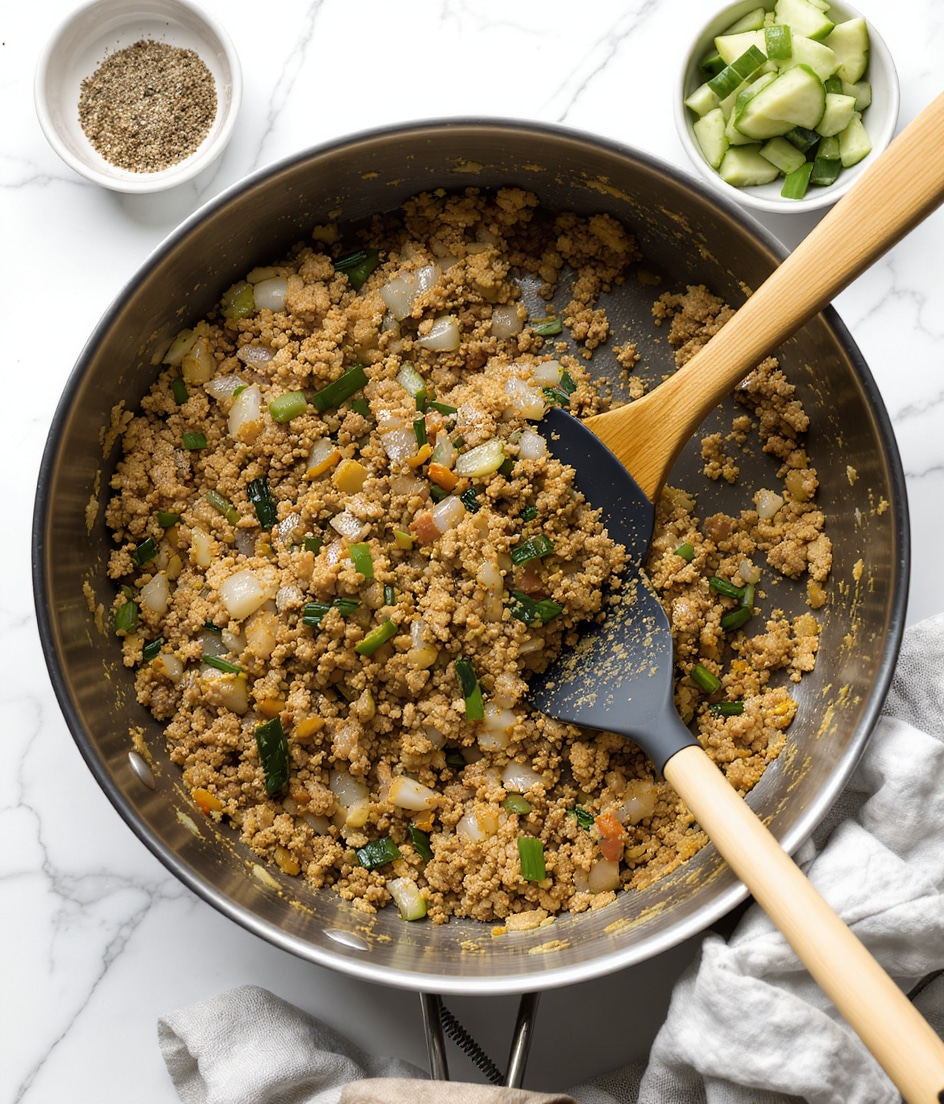 A metal pan filled with cooked ground meat mixed with small pieces of white onion and sliced green vegetables, all stirred together with a spatula that has a long light wooden handle and a black silicone end. The mixture shows different textures with the brown cooked meat forming the base layer, white onion pieces sprinkled unevenly on top, and slices of green vegetable scattered around, adding a fresh look. The pan is placed on a white marbled surface with a small bowl containing black pepper and another small bowl holding more green vegetable slices nearby. Photo taken with an iphone --ar 4:5 --v 7