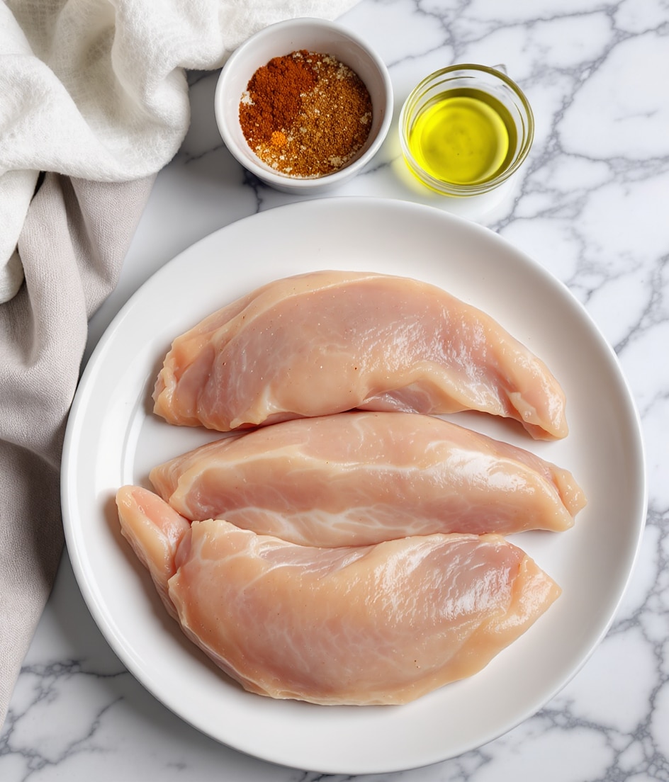 The image shows three raw chicken breasts placed on a large white plate. Above the plate, on a white marbled surface, there is a small white bowl filled with ground spices and herbs in shades of red, orange, and brown. Next to this bowl, there is a small clear glass container holding golden yellow olive oil. The background surface is white marble, and white fabric is partially visible on the top left side. photo taken with an iphone --ar 4:5 --v 7
