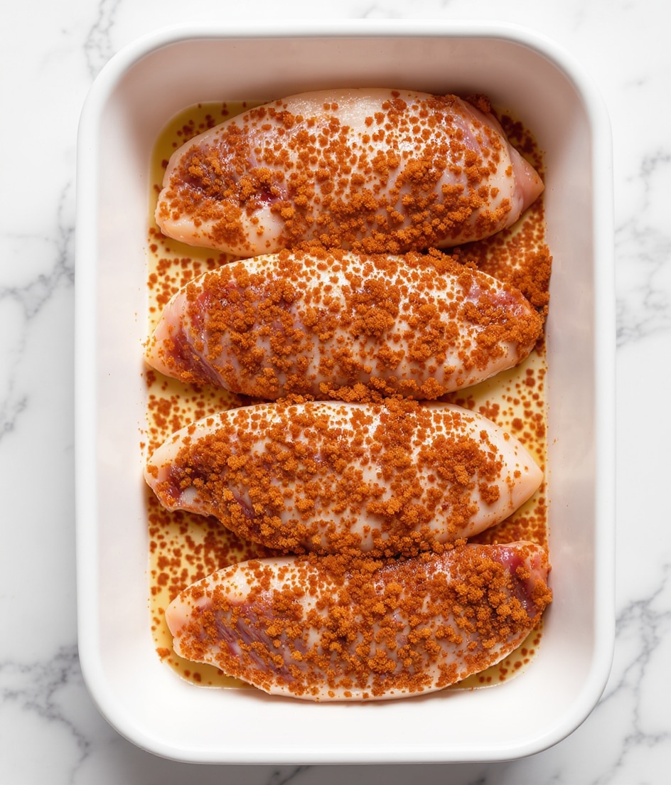 The image shows four pieces of seasoned raw chicken laid flat in a white rectangular dish, evenly spaced in two rows with two pieces in each row. Each chicken piece is coated with a reddish-brown spice mixture that looks slightly grainy and textured. The dish is set on a white marbled surface, adding a clean, bright background to the scene. photo taken with an iphone --ar 4:5 --v 7