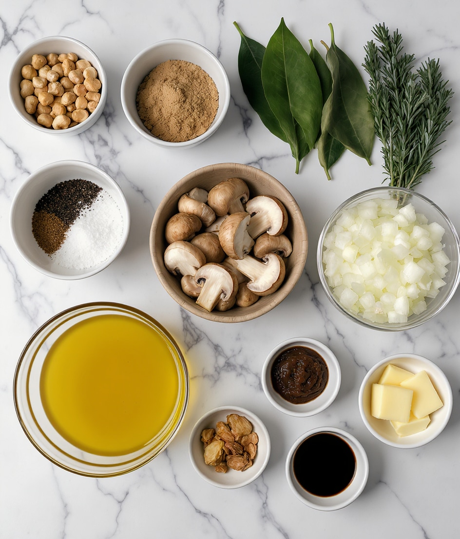 The image shows various cooking ingredients arranged neatly on a white marbled surface. From top left, there is a small clear bowl of raw cashews next to a white bowl containing yellow olive oil. Below that is a small white bowl filled with black pepper and white salt, beside a large clear bowl filled with bright yellow vegetable broth. In the center, a medium light wooden bowl holds sliced mushrooms. Near the mushrooms, there is a clear bowl with chopped garlic, a small white bowl with dried mushrooms, a small white bowl with a brown paste labeled miso, and another small white bowl with dark soy sauce. To the right, a large white bowl contains chopped white onions. Above the onions, three fresh herbs—bay leaves, rosemary, and thyme—are laid out casually. Additionally, a small white dish has two pats of vegan butter. The whole setup is arranged carefully for clear visibility of each ingredient. Photo taken with an iphone --ar 4:5 --v 7