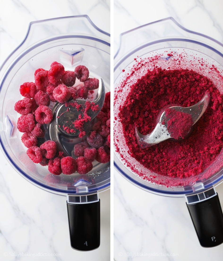 The image shows a clear blender with two views side by side: the left side has whole frozen raspberries inside, rich red with a bumpy texture sitting around the blender's blade; the right side shows those raspberries ground into a fine, deep red powder with some tiny seeds visible, clinging slightly to the blade. The blender is placed on a white marbled surface, and the overall scene is bright and sharp, highlighting the color and texture change of the raspberries during blending. photo taken with an iphone --ar 4:5 --v 7