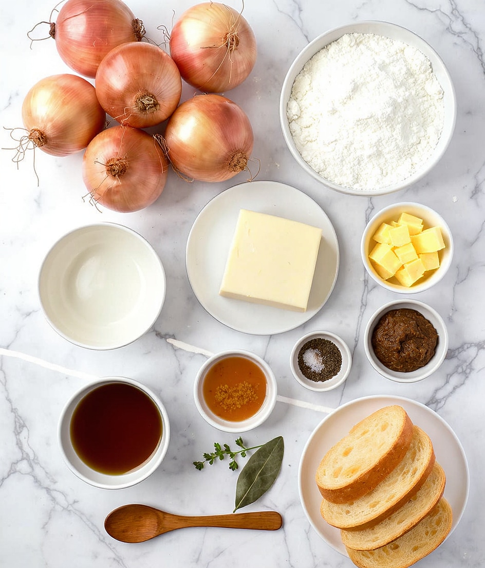 The image shows a top view of cooking ingredients neatly arranged on a white marbled surface. There are five whole onions grouped at the top left, with a round white plate below holding a wheel of vegan cheese. To the right of the cheese is a small white bowl of cubed vegan butter, next to a smaller bowl of flour. Below these are a small white bowl of dry wine, a small dish of salt and pepper side by side, and a wooden spoon holding a dark vegetable paste. Near the bottom center are a few sprigs of fresh thyme and two bay leaves. On the right side is a small white plate holding a half baguette and a few slices of baguette laid out. photo taken with an iphone --ar 4:5 --v 7