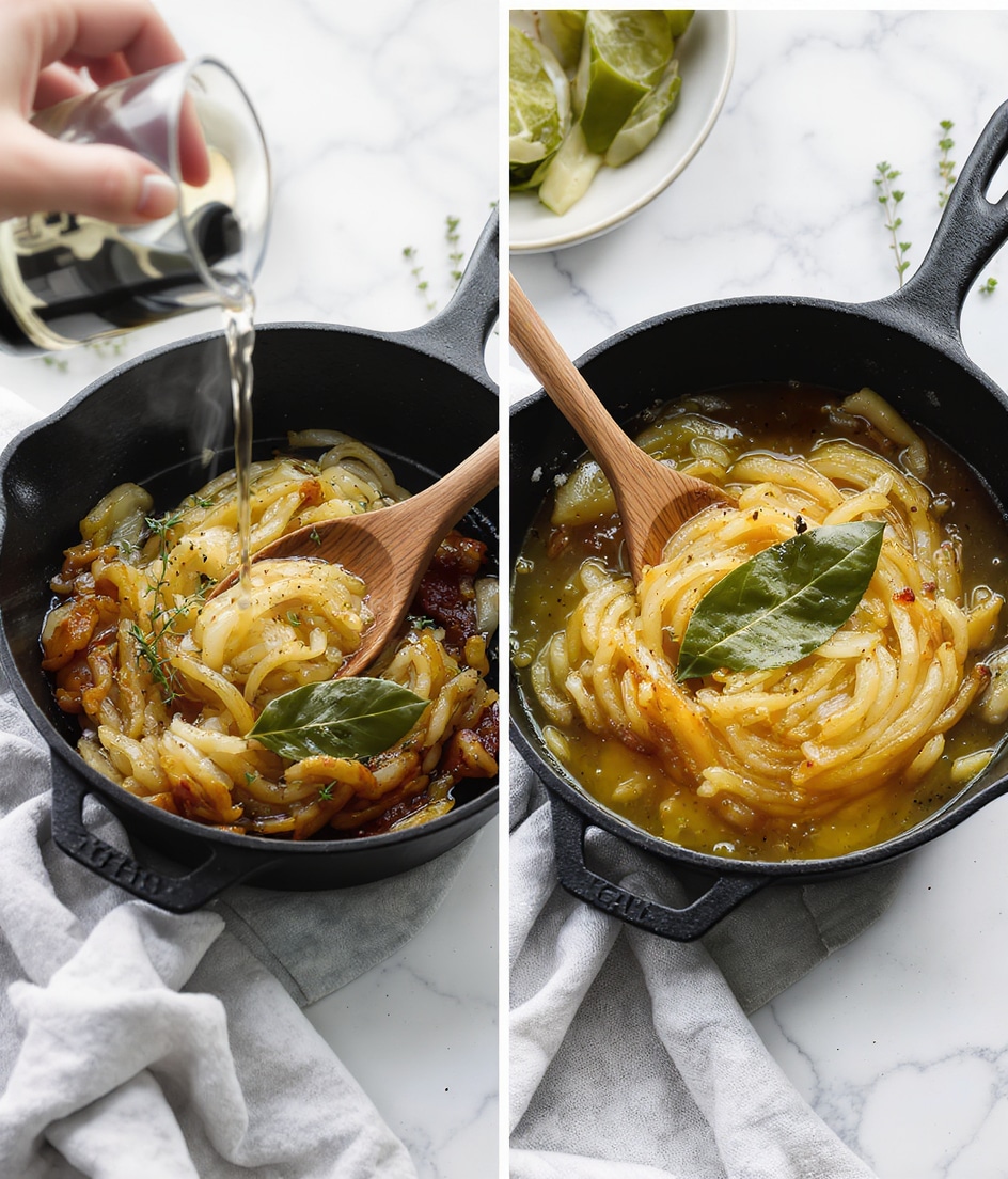 The image shows a black cast iron pan with a wooden spoon resting inside it on a white marbled surface with a cloth underneath. The pan contains cooked caramelized onions mixed with thyme and two large bay leaves. On the left side of the image, a woman's hand is pouring a clear liquid into the onions, which are golden brown and soft in texture. On the right side of the image, the onions are now simmering in a broth, showing a mix of translucent golden and brown colors with some popped bubbles and the bay leaves still visible on top, sprinkled with black pepper and some salt. photo taken with an iphone --ar 4:5 --v 7