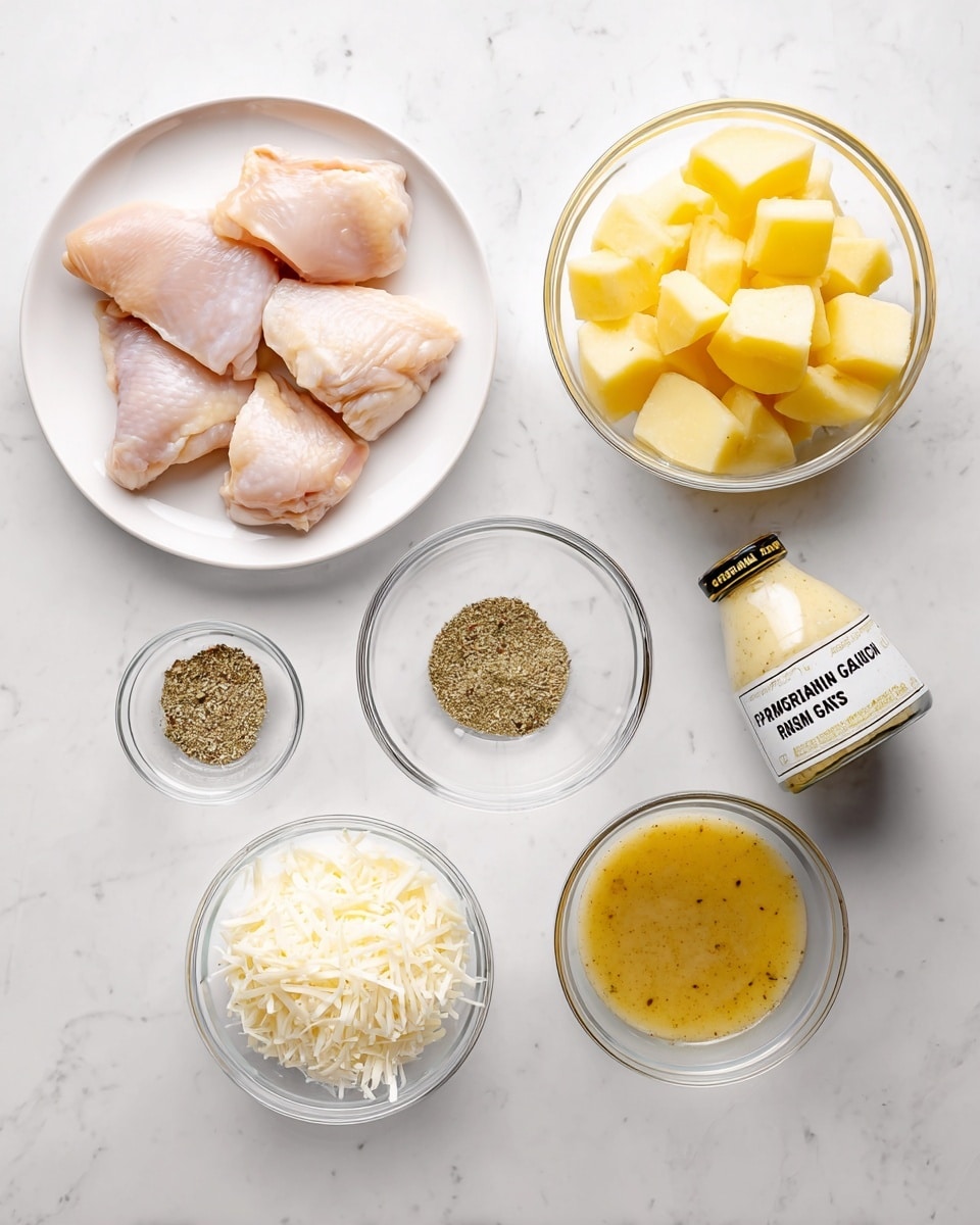 The image shows six cooking ingredients arranged on a white marbled surface. On the left, a white plate holds four raw light pink chicken pieces. To the right of the chicken, there is a clear bowl filled with yellow potato chunks. Above the chicken broth, a small clear bowl contains a light brown mix of Italian seasoning. Below the seasoning, a clear bowl holds finely shredded white Parmesan cheese with a soft texture. Next to the cheese, a small clear bowl contains a light golden yellow chicken broth. On the far right, there is a bottle of creamy Parmesan garlic sauce with visible small flecks inside. All items are spaced evenly and clearly labeled. Photo taken with an iphone --ar 4:5 --v 7