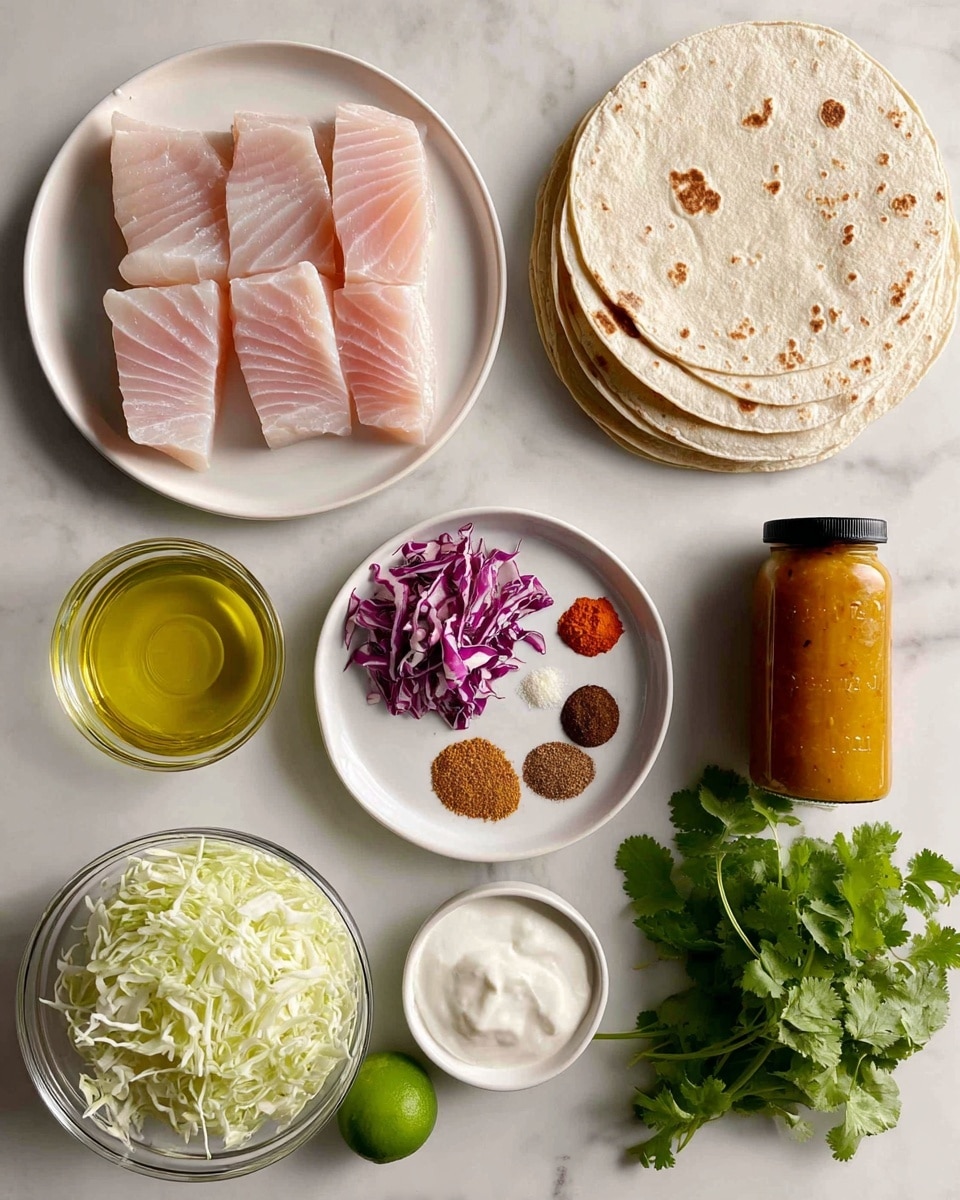 The image shows ingredients for a dish arranged neatly on a white marbled surface. At the top left is a white plate holding six pieces of light pink mahi mahi fish fillets, smooth with visible striations. To the right are three stacked light beige tortillas with a soft texture and small brown spots. Below the fish plate is a whole bright green lime. A small clear glass bowl with golden olive oil sits to the left center. Below is a clear glass bowl filled with shredded cabbage in white, purple, and light orange pieces for texture. At the center is a white plate with four small piles of spices in brown, tan, white, and red colors arranged in a circle. Underneath the spices is a small bowl of smooth white sour cream. On the right side near the bottom is fresh leafy cilantro with bright green stems. Finally, a bottle of dark orange mango chutney with a black lid rests near the cilantro. All items are placed with space between on the white marbled surface. photo taken with an iphone --ar 4:5 --v 7
