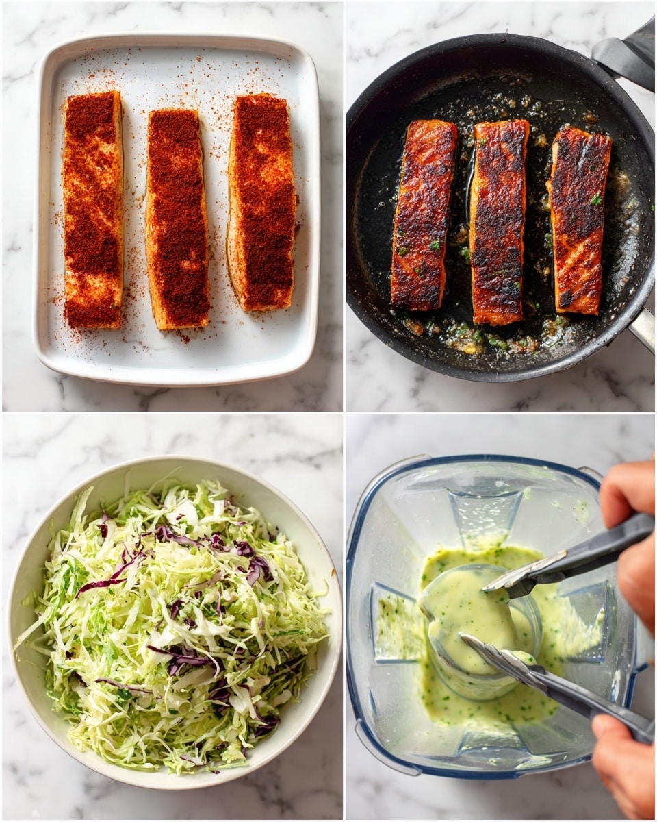 The image shows four steps of making a dish. The first step displays four fish fillets laid flat on a white rectangular plate, each covered in a reddish spice mix with a powdery texture. The second step shows the same four fillets placed in a black pan, cooking with dark brown, almost charred, crispy edges and a textured surface. The third step is a top view of a clear blender container with a creamy, light green sauce or dressing inside, smooth in texture with green herbs mixed in. The last step shows a white bowl filled with shredded green and purple cabbage, topped with the same green sauce being poured over, held with silver tongs by a woman's hand. All images have a white marbled surface background. Photo taken with an iphone --ar 4:5 --v 7