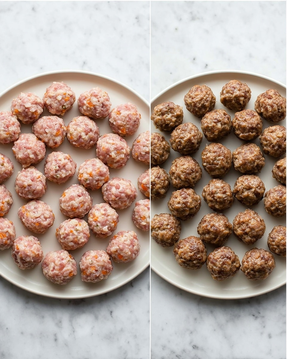 Two round white plates sit side by side on a white marbled surface. The left plate holds five rows of small raw meatballs, each a light pink color with small bits of orange and white mixed in, arranged very close in neat circular lines filling the plate. The right plate shows five rows of cooked meatballs, browned evenly all over, with a slightly shiny texture, arranged in the same way as the raw meatballs. The overall look contrasts the fresh pale pink raw meatballs with the darker cooked brown meatballs on clean white plates. photo taken with an iphone --ar 4:5 --v 7