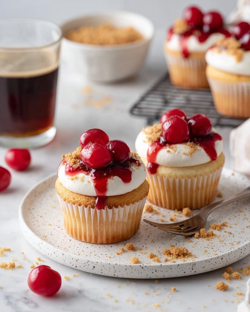 The image shows three cupcakes placed on a white speckled plate on a white marbled surface. Each cupcake has three layers: a light yellow cake base, a thick layer of smooth white frosting on top, and a glossy red cherry topping with whole cherries and red syrup dripping slightly down the frosting. Crumbled pieces of a light brown ingredient are sprinkled on the frosting and around the cupcakes on the plate. A silver fork rests on the plate behind the closest cupcake. In the background, there is a clear glass filled with a dark brown liquid and a small white bowl with crumbled bits. Additional cupcakes with the same topping sit on a cooling rack. Photo taken with an iphone --ar 4:5 --v 7