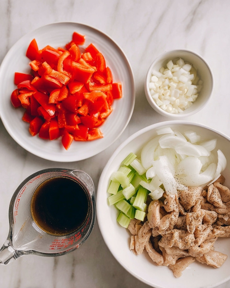 The image shows three main items on a white marbled surface: a white plate with chopped red bell pepper pieces on the top left, finely chopped white garlic on the bottom left near the bell pepper, sliced white onions covering the right half, and green celery slices near the center bottom left; a white bowl on the bottom right filled with raw, light brown chicken strips seasoned with black pepper; and a clear measuring cup at the bottom left containing a dark liquid sauce. The photo is bright with soft natural light and taken from above, showing clear texture and color of each ingredient photo taken with an iphone --ar 4:5 --v 7