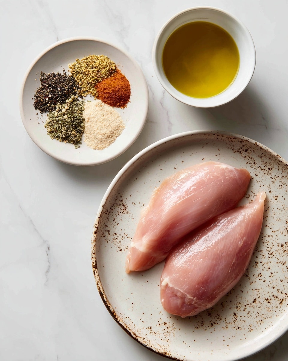 Two raw turkey tenderloins with a smooth, pink texture sit on a white plate with brown speckles near the edge, placed on a white marbled surface. Above the plate, a small bowl holds several dry spices arranged in separate piles showing colors of green, black, white, beige, and orange-red. Next to the spice bowl, a white cup filled with olive oil shows a shiny, golden-yellow liquid. The scene is bright and clean. photo taken with an iphone --ar 4:5 --v 7