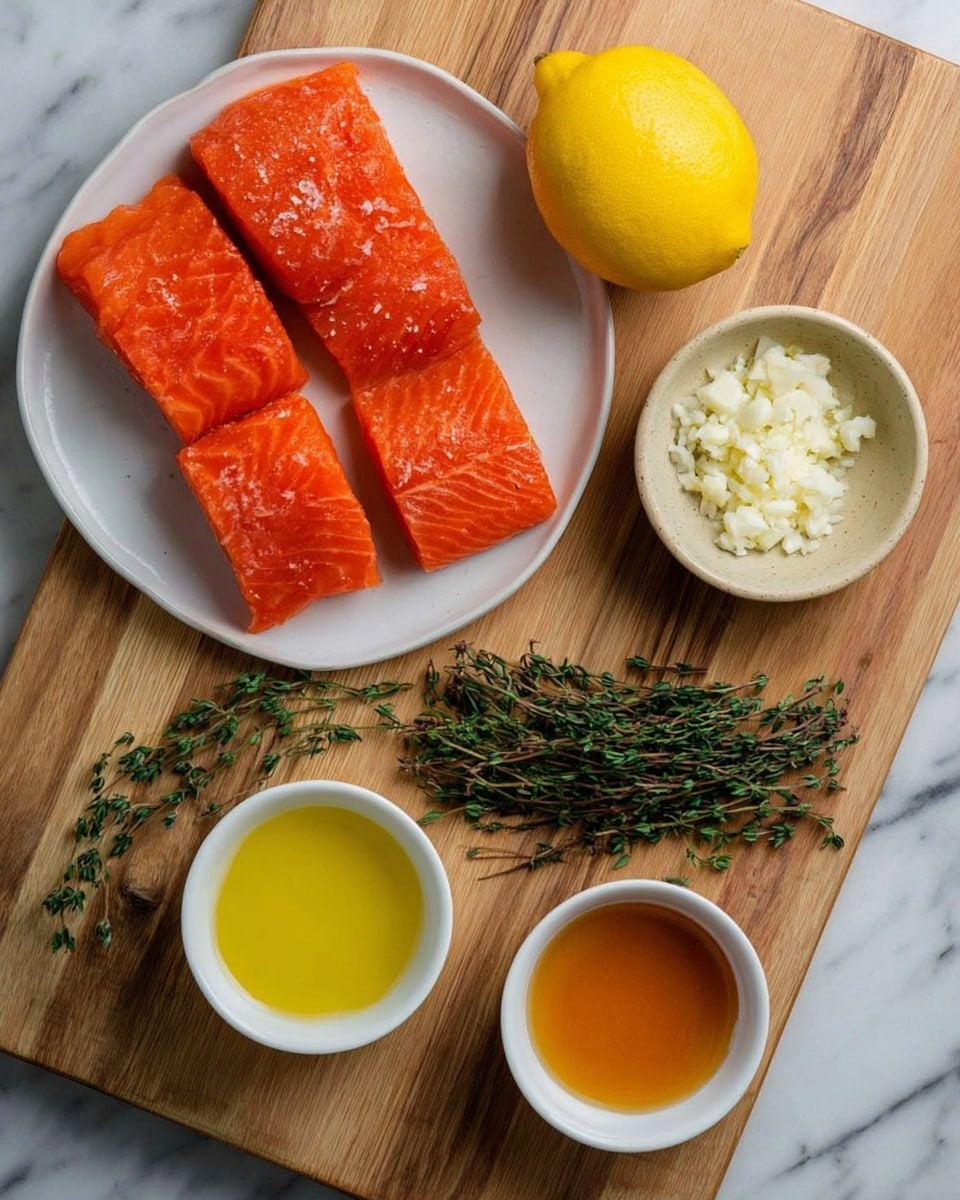 The image shows a wooden board with several cooking ingredients on a white marbled surface. On the left side, there is a white plate holding four bright orange pieces of raw salmon with a visible smooth texture. Above the salmon, a whole yellow lemon rests on the board. To the right of the lemon, a small beige bowl contains finely chopped white garlic. Below the garlic, fresh green thyme sprigs lay spread out. At the bottom of the image, two small white bowls hold liquids: the left one has a clear bright yellow oil, and the right one contains amber-colored honey. photo taken with an iphone --ar 4:5 --v 7