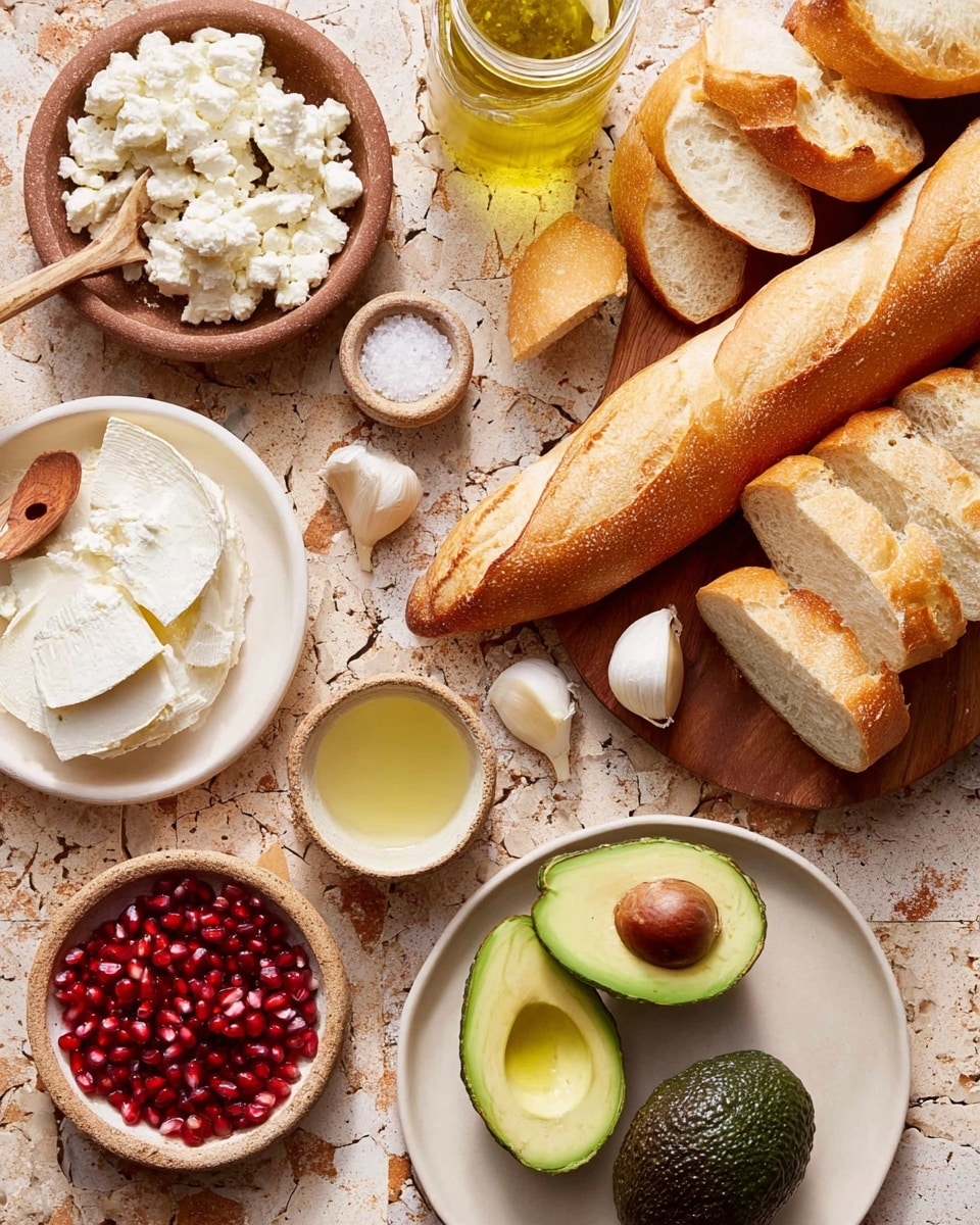 The image shows several food items arranged on a white marbled surface. There is a white plate at the top right filled with sliced pieces of a golden-brown baguette. Below it, a wooden board holds more slices of baguette and a whole baguette with a shiny crust. Near the board, a small jar with a light golden liquid sits beside the bread. On the lower right, a white plate has two avocados, one cut in half showing green flesh and a pit, the other whole with a dark bumpy skin. To the left, a small bowl is filled with bright red pomegranate seeds, with a small wooden spoon resting inside. Above it, a round clay bowl contains white soft cheese with a crumbly texture. Nearby are garlic cloves, a small dish of coarse salt, and a taller glass bottle filled with olive oil. A small cup with a pale yellow liquid completes the scene, all set against a warm-toned tiled background replaced by the white marbled texture. Photo taken with an iphone --ar 4:5 --v 7